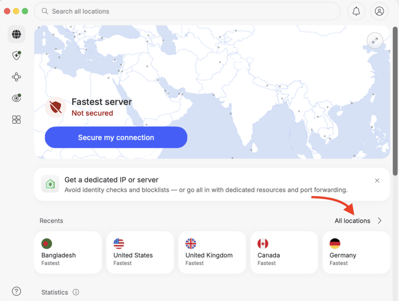 Open the NordVPN app and click on “All locations”