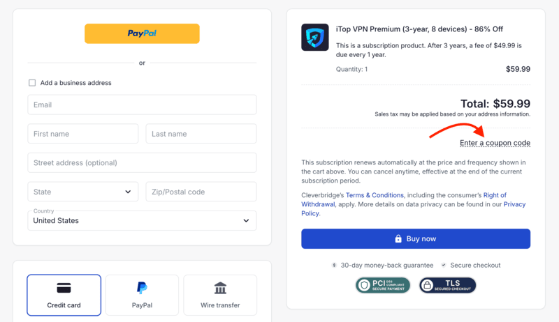 iTop VPN checkout coupon code field